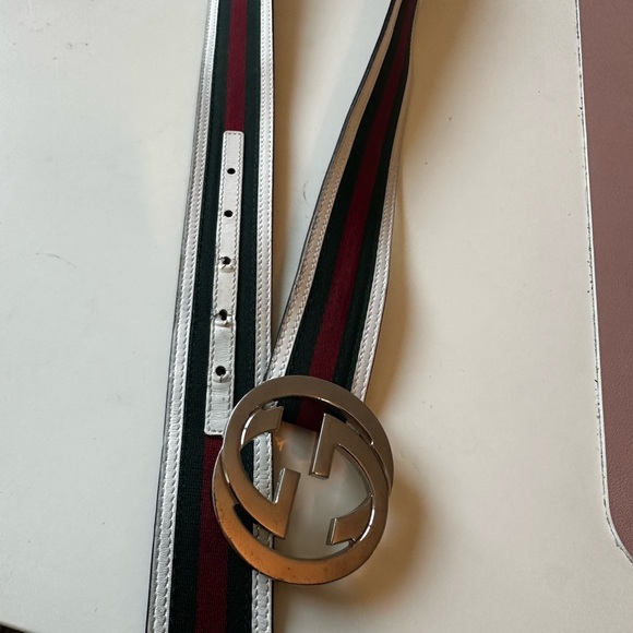 White Green and Red Gucci Striped Leather Belt with Interlocking G logo - Picture 4 of 4